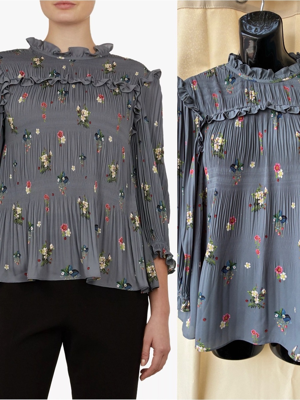 Ted Baker Horili Oracle Floral Pleated Long Sleeve Gray Pink Blouse Top Size 2